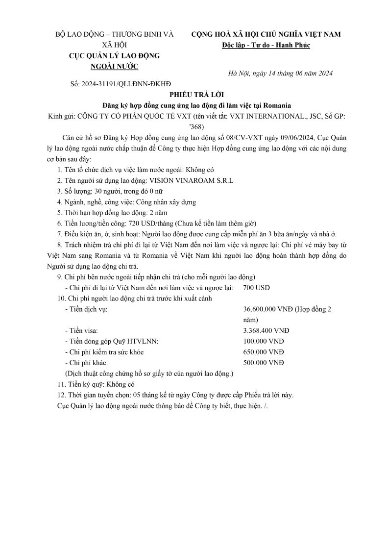 Phiếu trả lời – Đăng ký hợp đồng lao động đi làm việc tại Đài Loan – Số 2024-31191